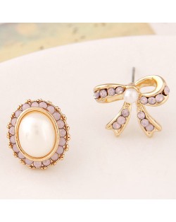 Czech Rhinestone and Pearl Embellished Oval Shape and Bowknot Asymmetric Fashion Ear Studs - Pink