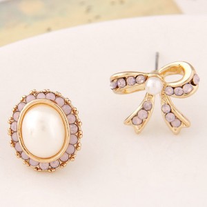 Czech Rhinestone and Pearl Embellished Oval Shape and Bowknot Asymmetric Fashion Ear Studs - Pink