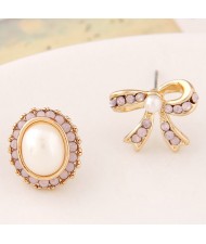 Czech Rhinestone and Pearl Embellished Oval Shape and Bowknot Asymmetric Fashion Ear Studs - Pink