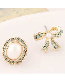 Czech Rhinestone and Pearl Embellished Oval Shape and Bowknot Asymmetric Fashion Ear Studs - Green