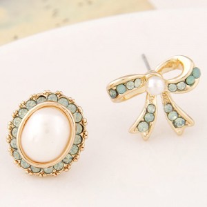 Czech Rhinestone and Pearl Embellished Oval Shape and Bowknot Asymmetric Fashion Ear Studs - Green