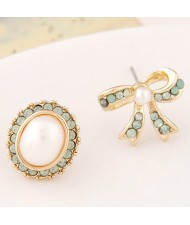 Czech Rhinestone and Pearl Embellished Oval Shape and Bowknot Asymmetric Fashion Ear Studs - Green
