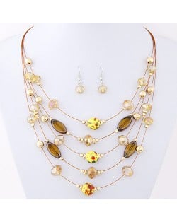 Korean Style Crystal Beads Multi-layer Costume Necklace and Earrings Set - Champagne