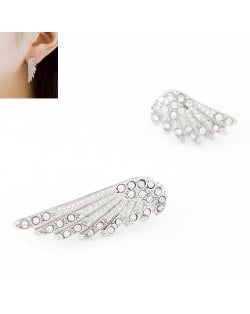 Delicate Rhinestone Embellished Silver Angel Wings Fashion Earrings