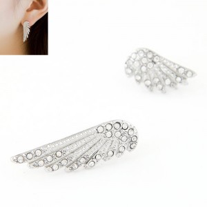 Delicate Rhinestone Embellished Silver Angel Wings Fashion Earrings