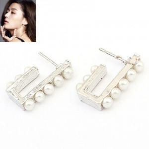 Pearls Inlaid Irregular Bar Fashion Ear Studs - Silver