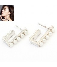 Pearls Inlaid Irregular Bar Fashion Ear Studs - Silver