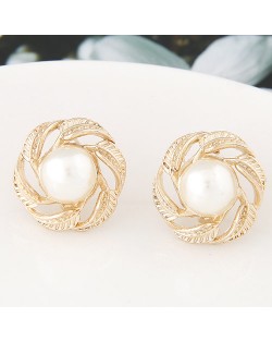 Simplistic Korean Fashion Pearl Centered Revolving Leaves Golden Ear Studs