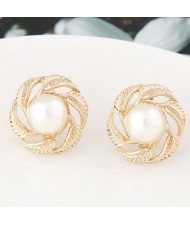 Simplistic Korean Fashion Pearl Centered Revolving Leaves Golden Ear Studs