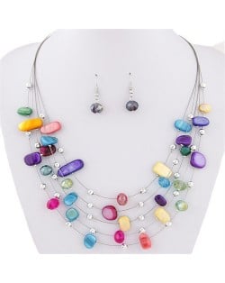 Korean Style Crystal Beads Multi-layer Costume Necklace and Earrings Set - Multicolor