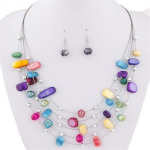Korean Style Crystal Beads Multi-layer Costume Necklace and Earrings Set - Multicolor