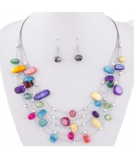 Korean Style Crystal Beads Multi-layer Costume Necklace and Earrings Set - Multicolor