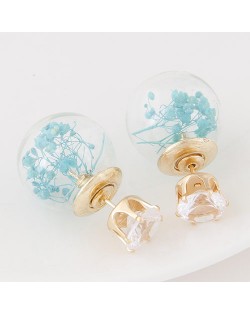 Vivid Flowers Inlaid Glass Ball Design Fashion Ear Studs - Lake Blue