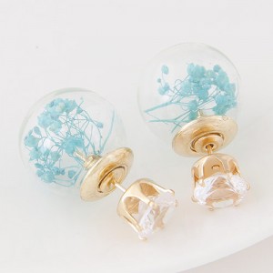 Vivid Flowers Inlaid Glass Ball Design Fashion Ear Studs - Lake Blue