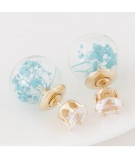 Vivid Flowers Inlaid Glass Ball Design Fashion Ear Studs - Lake Blue