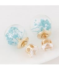 Vivid Flowers Inlaid Glass Ball Design Fashion Ear Studs - Lake Blue