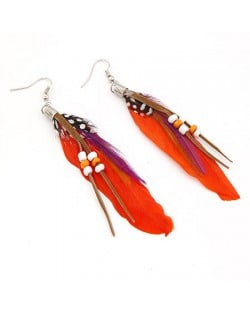 High Fashion Unique Beads Decorated Feather Earrings - Reddish Orange
