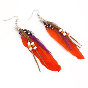 High Fashion Unique Beads Decorated Feather Earrings - Reddish Orange