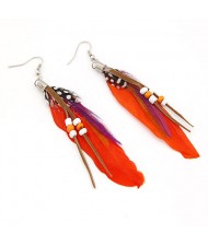 High Fashion Unique Beads Decorated Feather Earrings - Reddish Orange