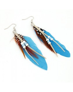 High Fashion Unique Beads Decorated Feather Earrings - Blue