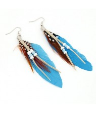 High Fashion Unique Beads Decorated Feather Earrings - Blue