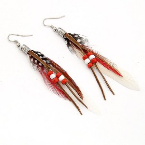 High Fashion Unique Beads Decorated Feather Earrings - White