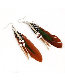 High Fashion Unique Beads Decorated Feather Earrings - Dark Coffee