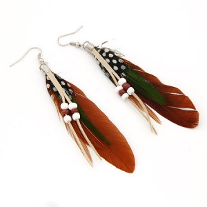 High Fashion Unique Beads Decorated Feather Earrings - Dark Coffee