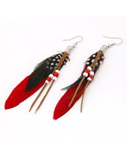 High Fashion Unique Beads Decorated Feather Earrings - Red