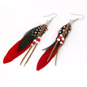 High Fashion Unique Beads Decorated Feather Earrings - Red