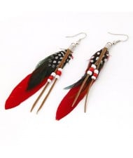 High Fashion Unique Beads Decorated Feather Earrings - Red