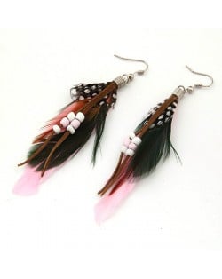 High Fashion Unique Beads Decorated Feather Earrings - Pink