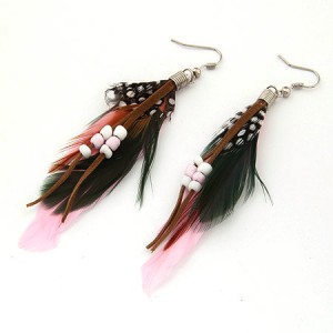 High Fashion Unique Beads Decorated Feather Earrings - Pink