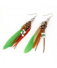 High Fashion Unique Beads Decorated Feather Earrings - Green