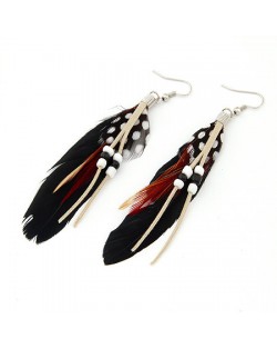 High Fashion Unique Beads Decorated Feather Earrings - Black