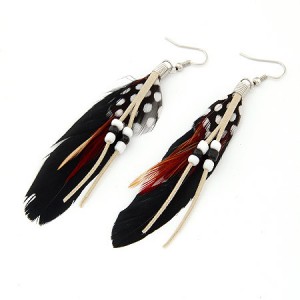 High Fashion Unique Beads Decorated Feather Earrings - Black