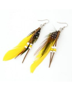 High Fashion Unique Beads Decorated Feather Earrings - Yellow