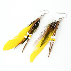 High Fashion Unique Beads Decorated Feather Earrings - Yellow