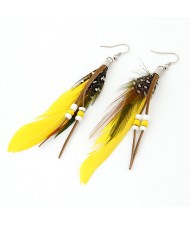 High Fashion Unique Beads Decorated Feather Earrings - Yellow