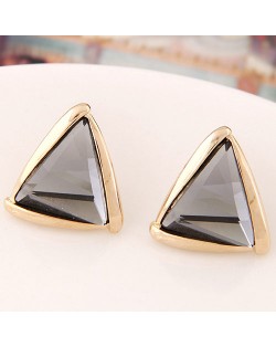 Korean Fashion Golden Rimmed Glass Gem Triangle Ear Studs - Gray