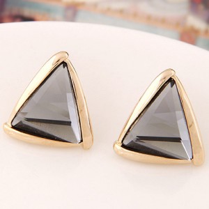 Korean Fashion Golden Rimmed Glass Gem Triangle Ear Studs - Gray