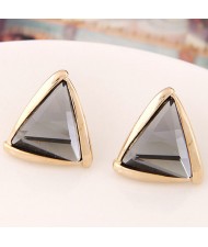 Korean Fashion Golden Rimmed Glass Gem Triangle Ear Studs - Gray