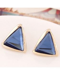 Korean Fashion Golden Rimmed Glass Gem Triangle Ear Studs - Ink Blue
