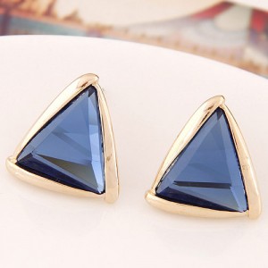 Korean Fashion Golden Rimmed Glass Gem Triangle Ear Studs - Ink Blue