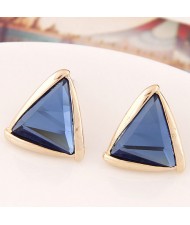 Korean Fashion Golden Rimmed Glass Gem Triangle Ear Studs - Ink Blue