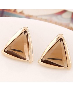 Korean Fashion Golden Rimmed Glass Gem Triangle Ear Studs - Brown