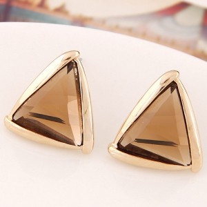 Korean Fashion Golden Rimmed Glass Gem Triangle Ear Studs - Brown