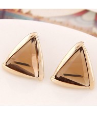 Korean Fashion Golden Rimmed Glass Gem Triangle Ear Studs - Brown