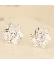 Delicate Sunflower Copper Ear Studs - Silver