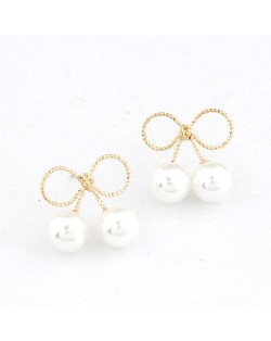 Korean Style Pearls Embellished Golden Bowknot Ear Studs